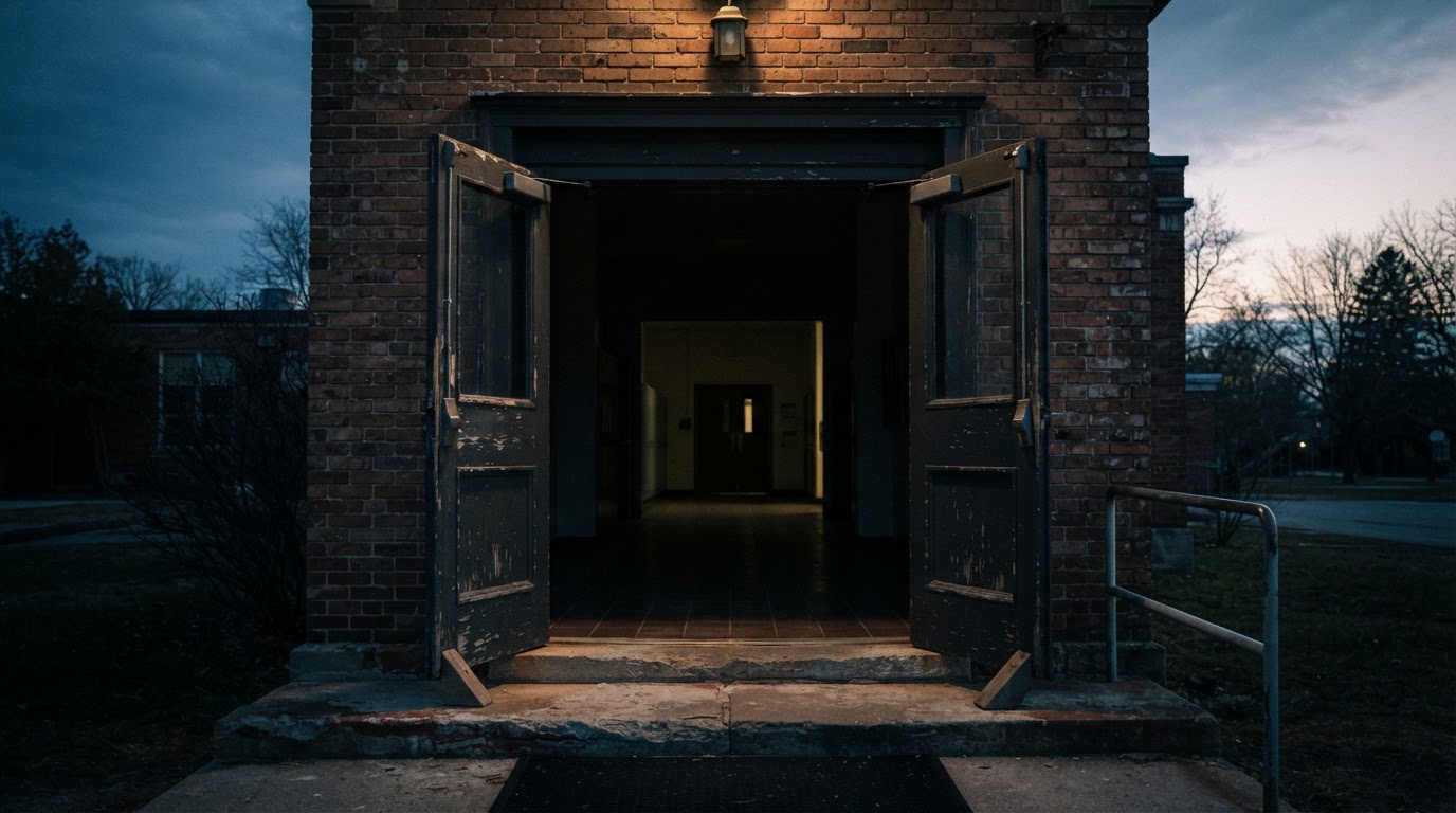 해질 녘 학교의 바깥문이 열리고, 창백한 저녁빛이 어두운 문지방을 넘어 쏟아져 들어온다 (AI 생성 이미지)