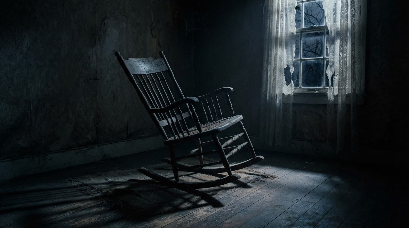 어두운 구석에 홀로 놓인 낡은 나무 흔들의자, 해진 커튼 사이로 달빛이 스며든다 — 방금 전까지 흔들리다 멈춘 것만 같다.