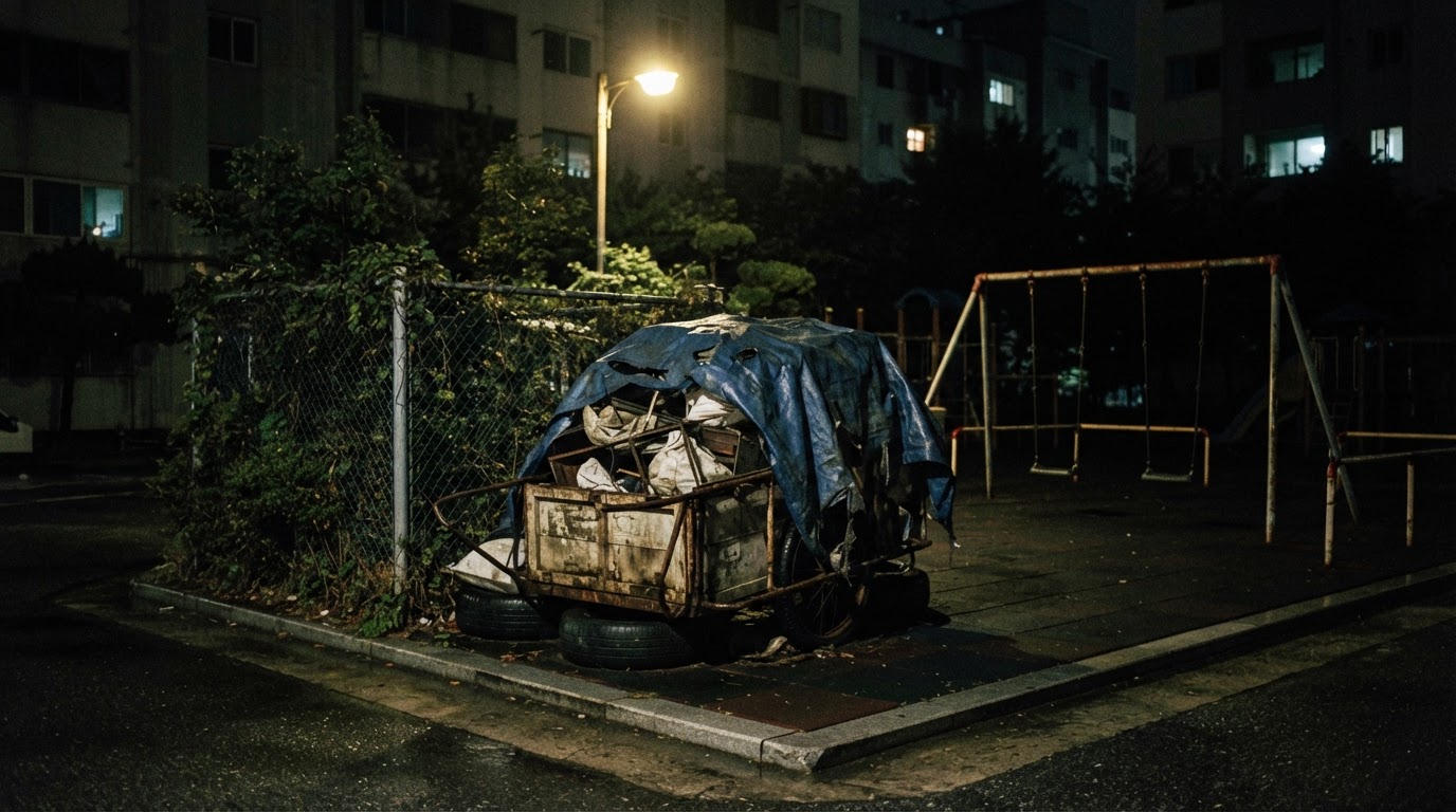 夜裡的遊樂場停著那台手拉車 —— 孩子們就在它旁邊玩了三年。