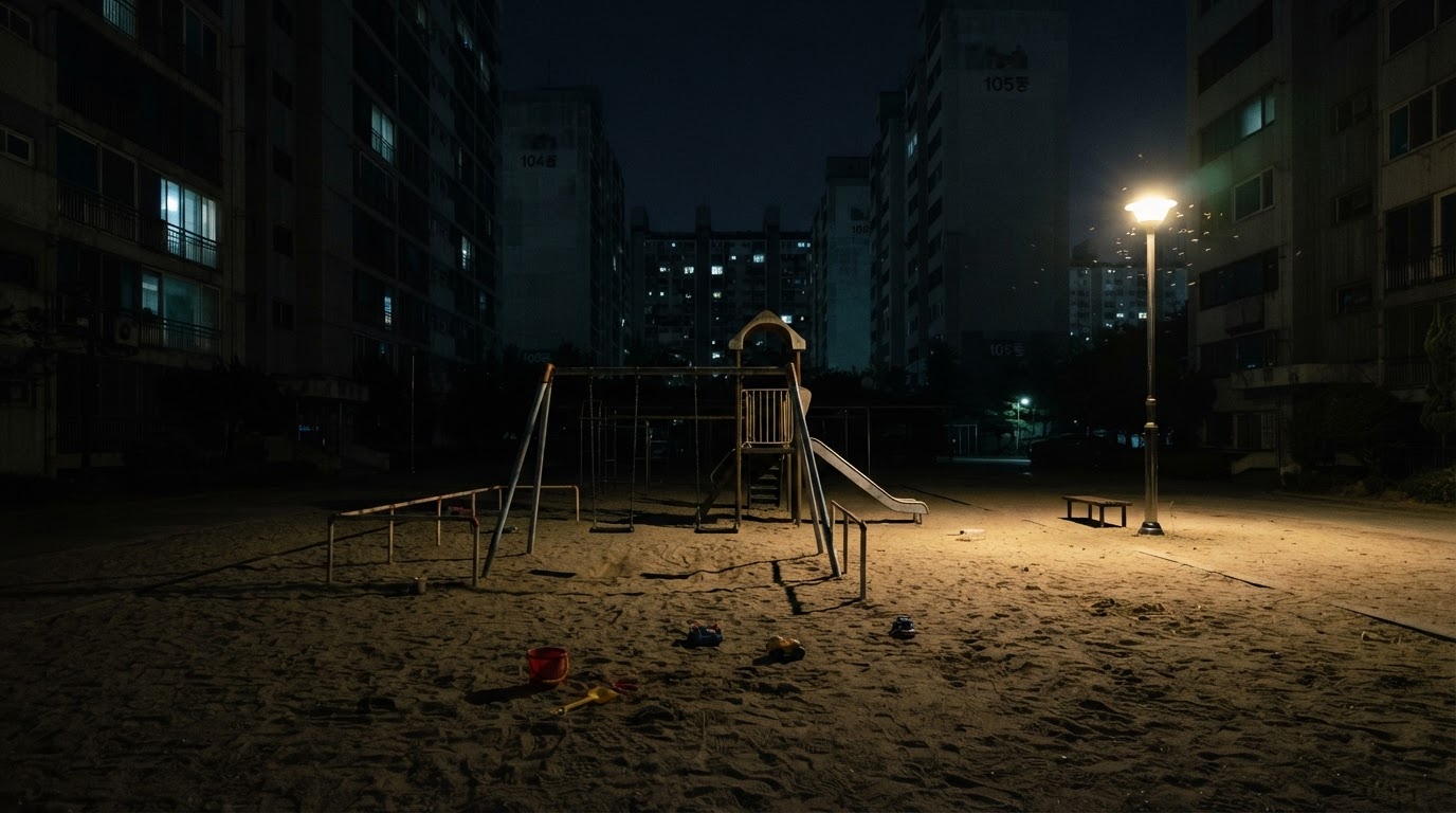 夜裡的社區遊樂場 —— 路燈之下,只有鞦韆一動不動地立著。