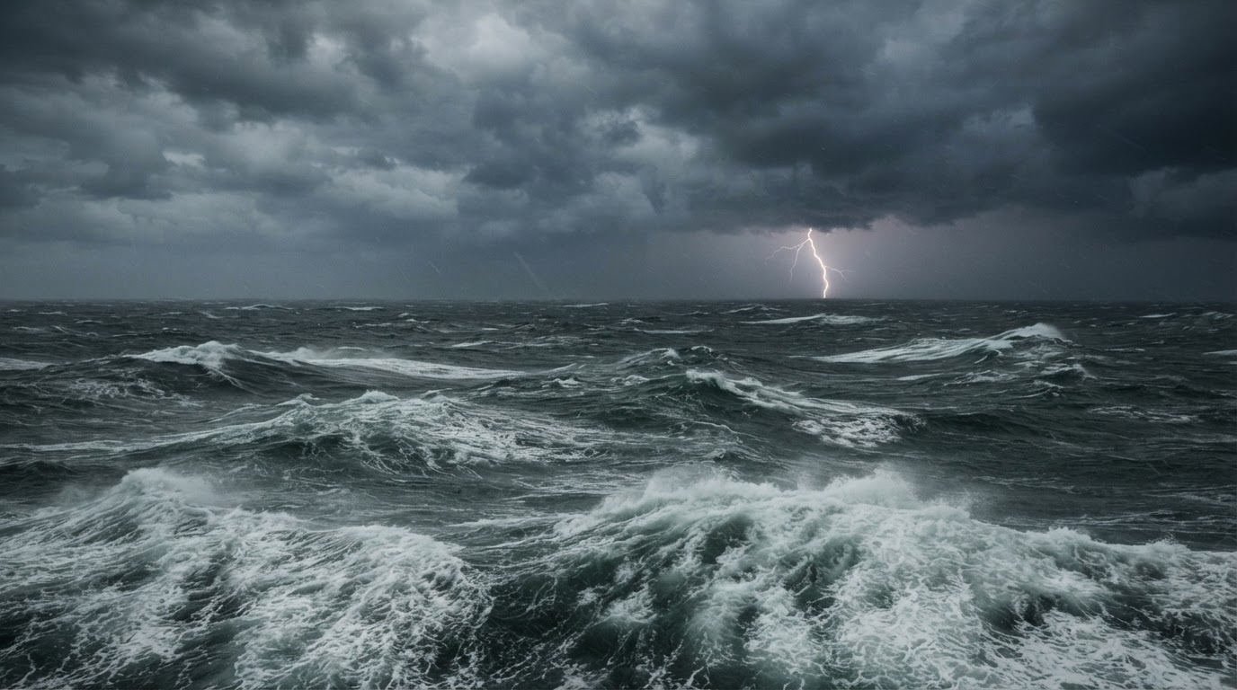 A stormy Atlantic under heavy grey swells, lightning flashing in the distant sky (AI-generated image)