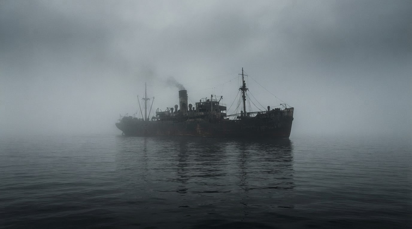 The silhouette of a huge old cargo ship half-swallowed by fog on a calm but ominous sea (AI-generated image)