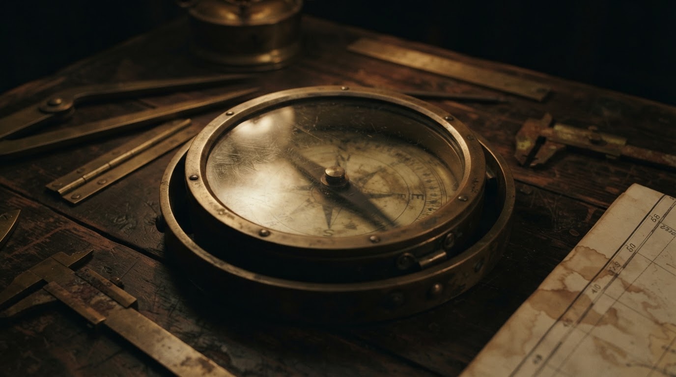 Close-up of an old brass compass and navigation instruments, its needle trembling (AI-generated image)