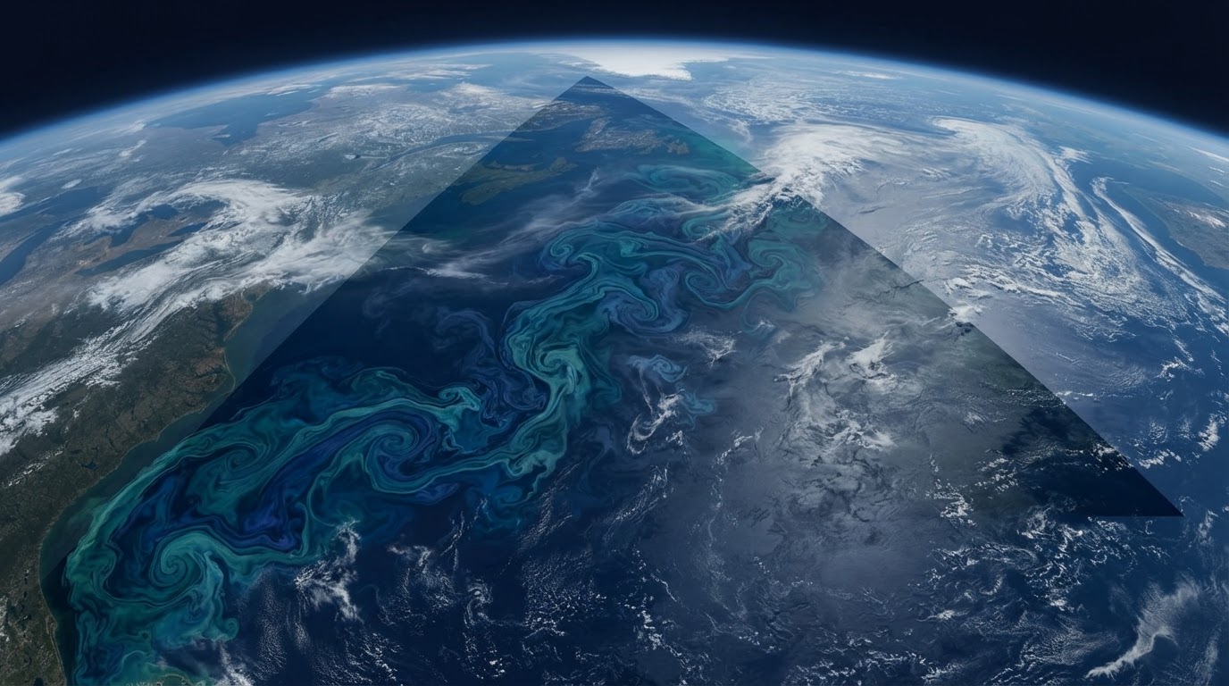 A satellite-like view of the triangular Atlantic waters, swirling currents and cloud (AI-generated image)