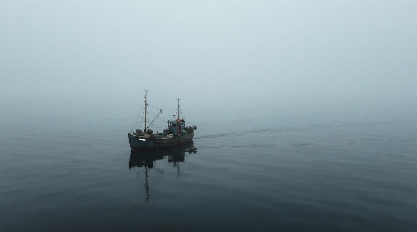 A single ship drifting alone in thick fog, on a still sea with no visible horizon (AI-generated image)