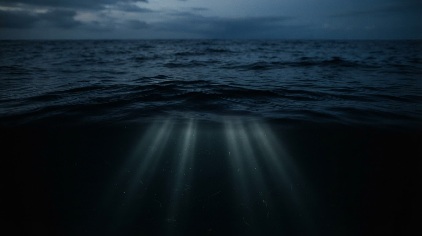 The surface of a deep blue, unfathomable ocean, calm yet with light fading down into the depths (AI-generated image)