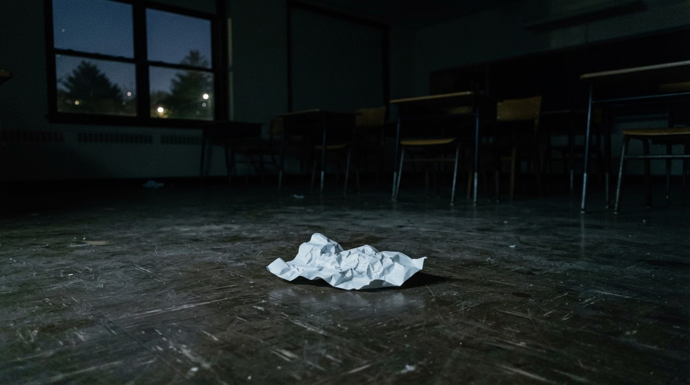 밤의 빈 교실 바닥에 구겨져 버려진 종이 한 장, 위에는 글자가 보이지 않는다 (AI 생성 이미지)