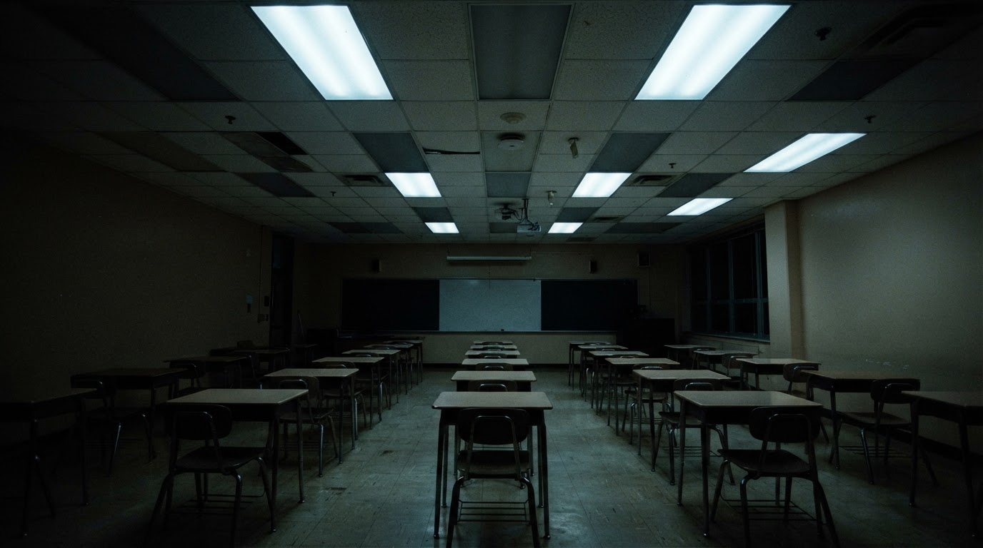 절반쯤 꺼진 형광등이 매달린 교실 천장, 켜진 등과 꺼진 등이 번갈아 어둠을 만든다 (AI 생성 이미지)