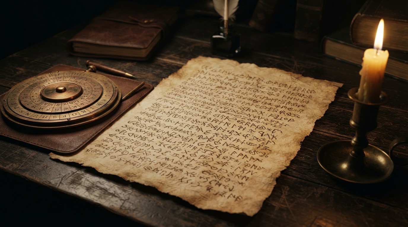 古舊羊皮紙上以羅馬式書寫的密碼與錯亂的字母(AI生成圖片)