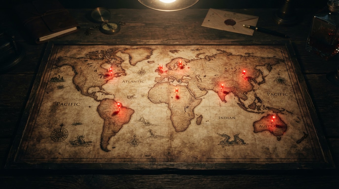 世界地圖上以紅色圖釘標示的數座城市座標(AI生成圖片)