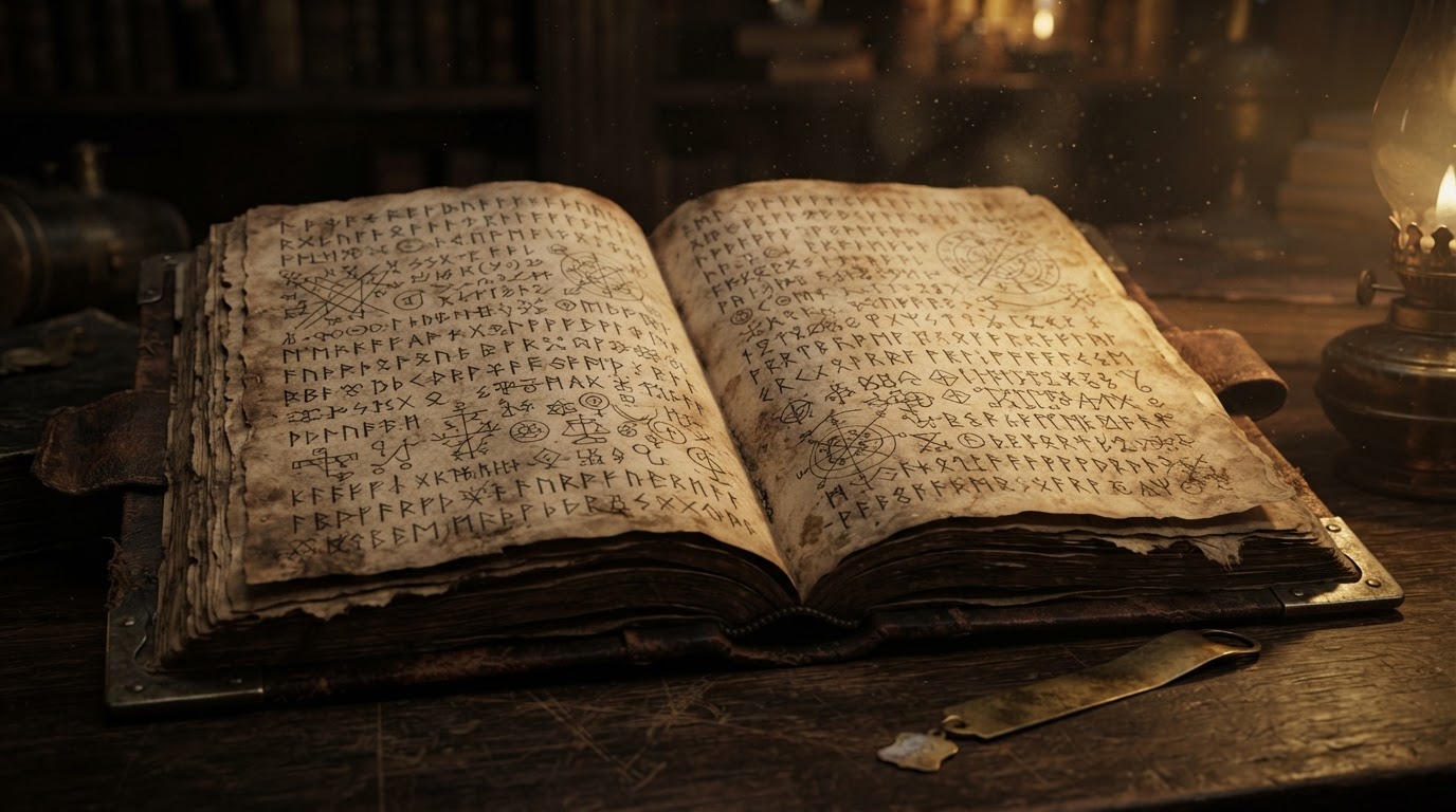 古書攤開的頁面上密密麻麻寫滿盧恩文字(AI生成圖片)
