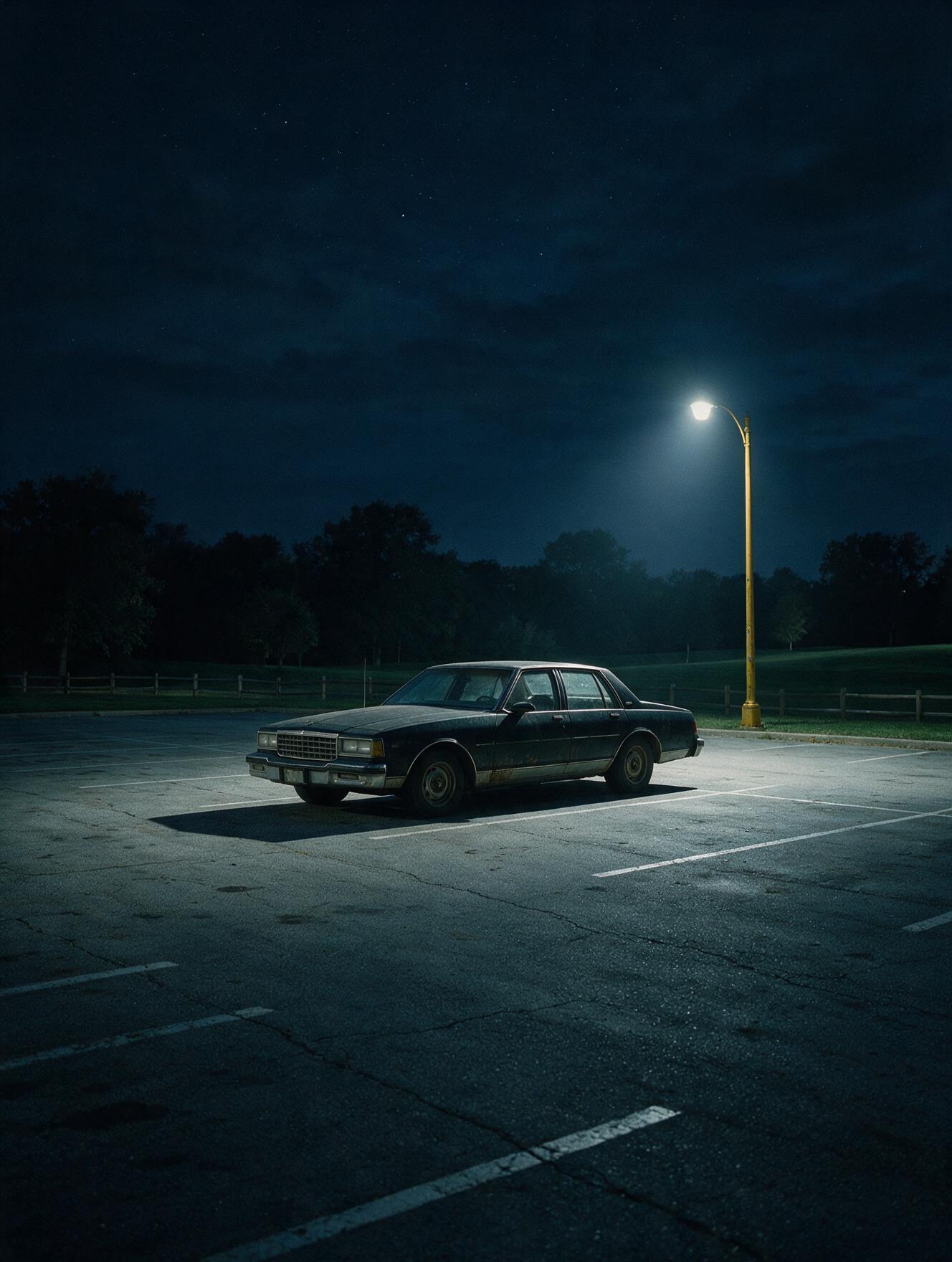 An old sedan left in a lot with no one behind the wheel — where it started.