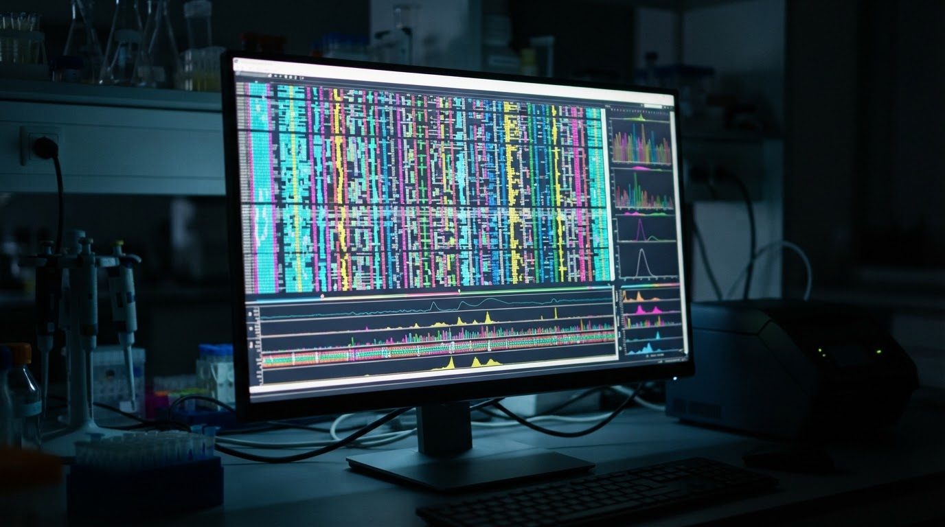 A screen showing an abstract DNA sequencing pattern of colored bands (no readable text, AI-generated image)