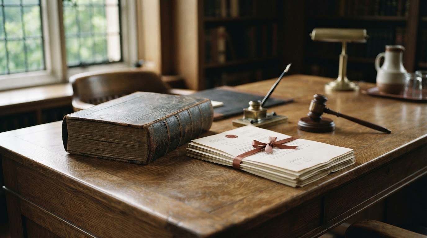 A desk with a heavy law book and official documents, a still life symbolizing a change in the law (no readable text, AI-generated image)