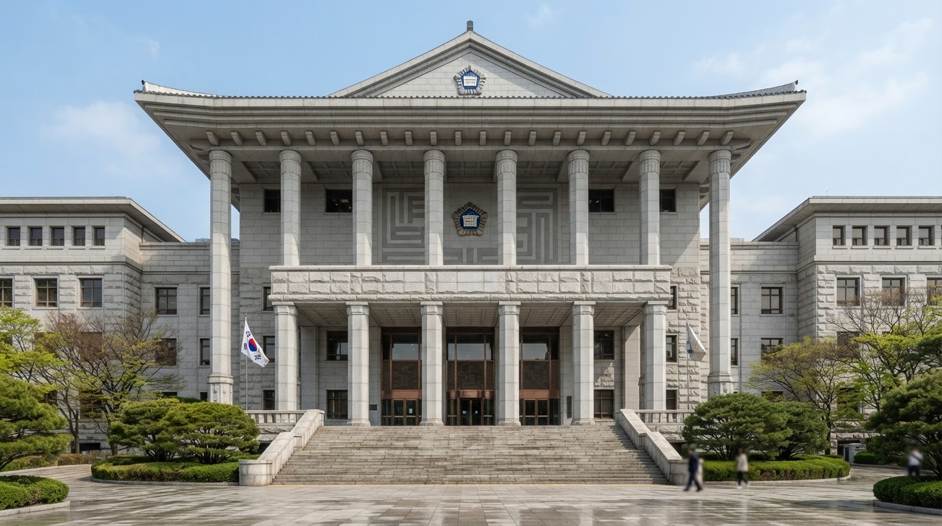 The imposing exterior facade of a Korean courthouse, a dignified front symbolizing justice (no readable text, AI-generated image)