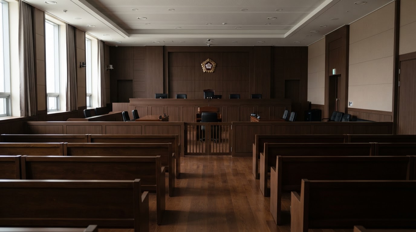 An empty Korean courtroom interior, unoccupied gallery benches, still and solemn (AI-generated image)