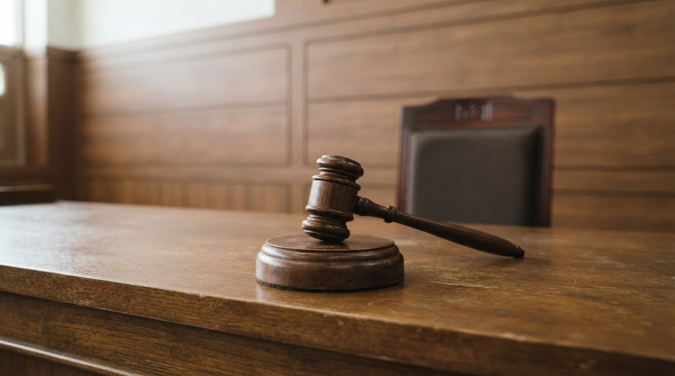 A wooden judge's gavel resting on a sound block on a quiet courtroom bench, symbolizing a verdict (no readable text, AI-generated image)