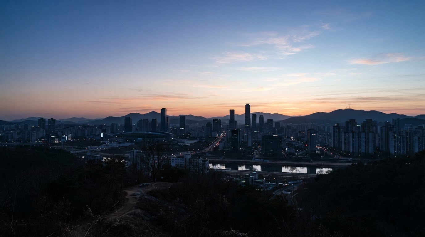 The sky over Daejeon brightening at dawn, a faint morning glow spreading over the winter skyline (AI-generated image)