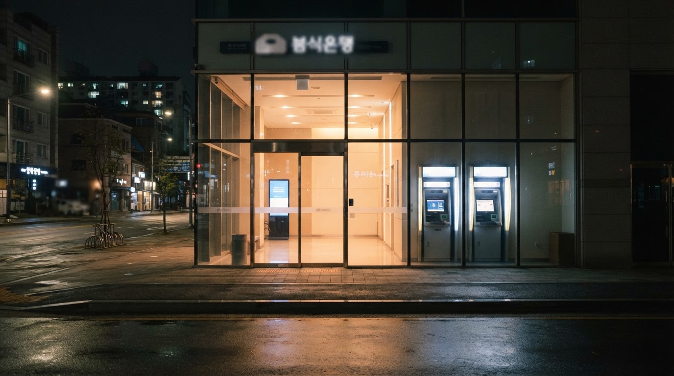 The exterior of an urban bank building at night, faint light glowing behind the glass (no readable signage, AI-generated image)