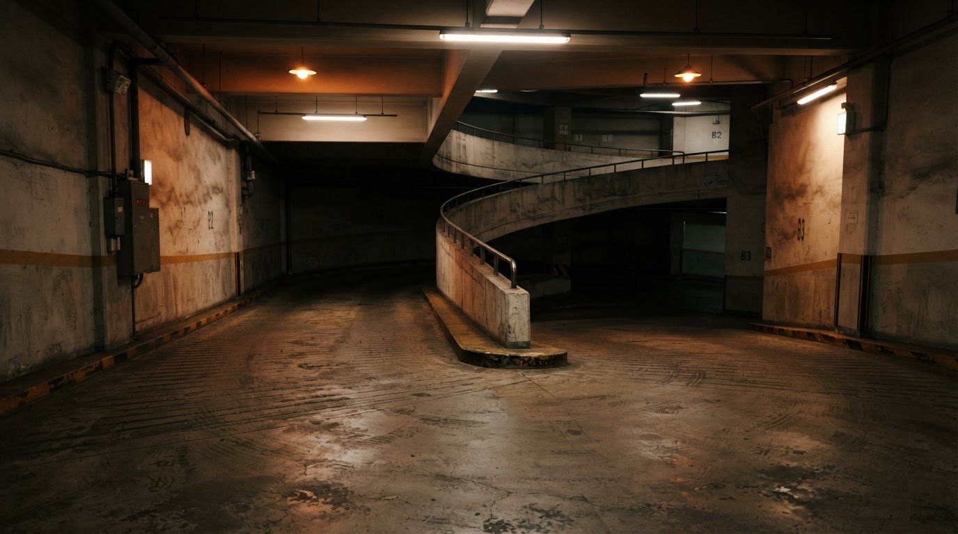 A dim ramp descending into an underground parking garage, low ambient light (neutral and non-violent, AI-generated image)