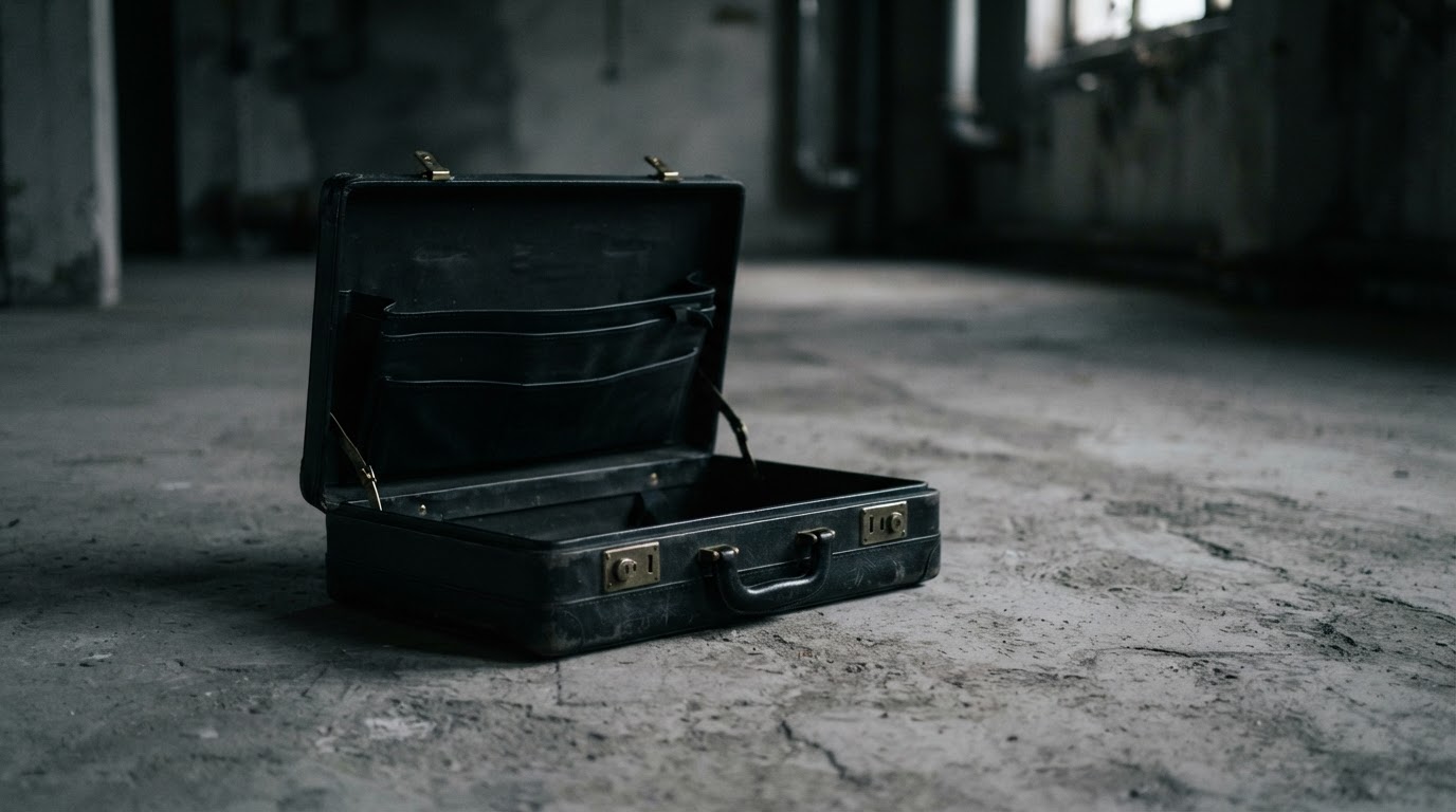 A single empty briefcase resting on a concrete floor, a still life symbolizing the vanished cash (AI-generated image)