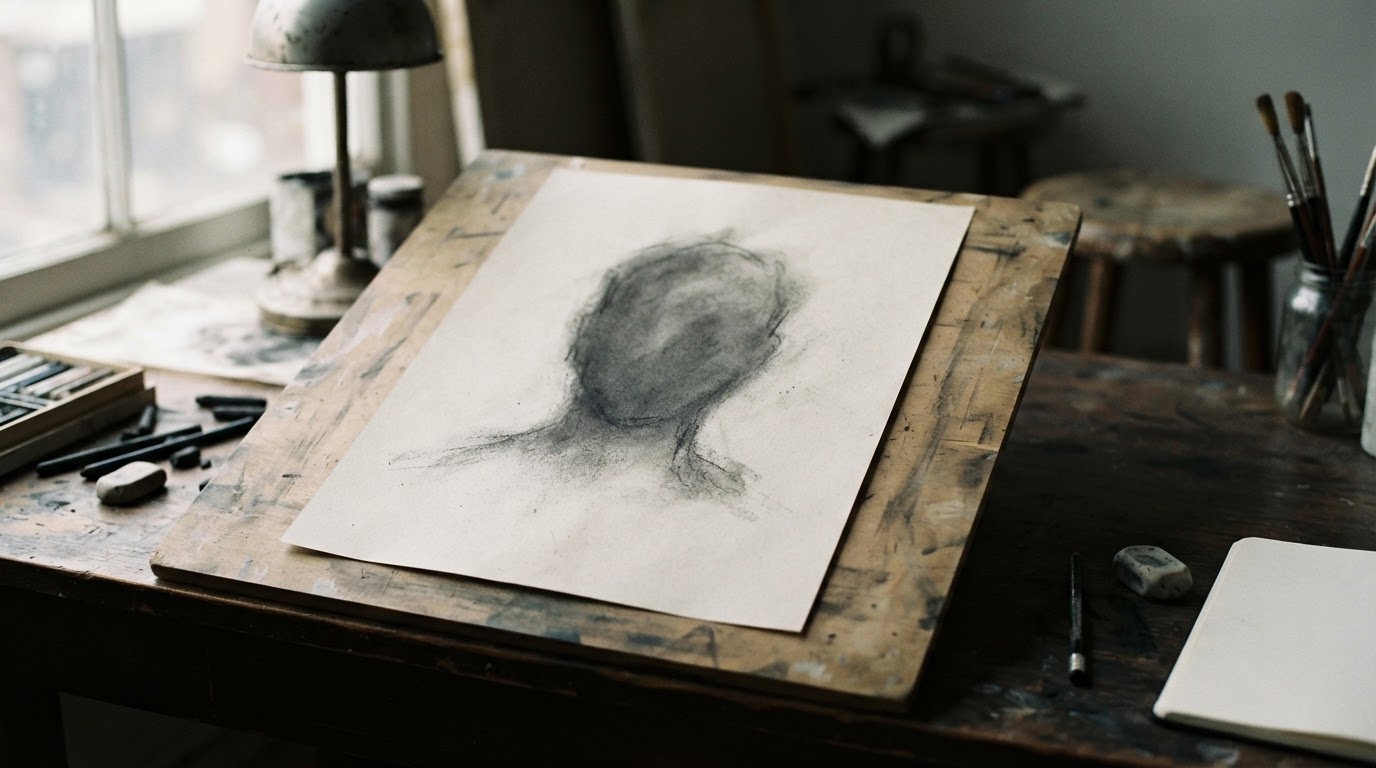 A blank sketch board holding a faint, faceless outline — an unfinished composite (no real face, only a blurred shadow, AI-generated image)