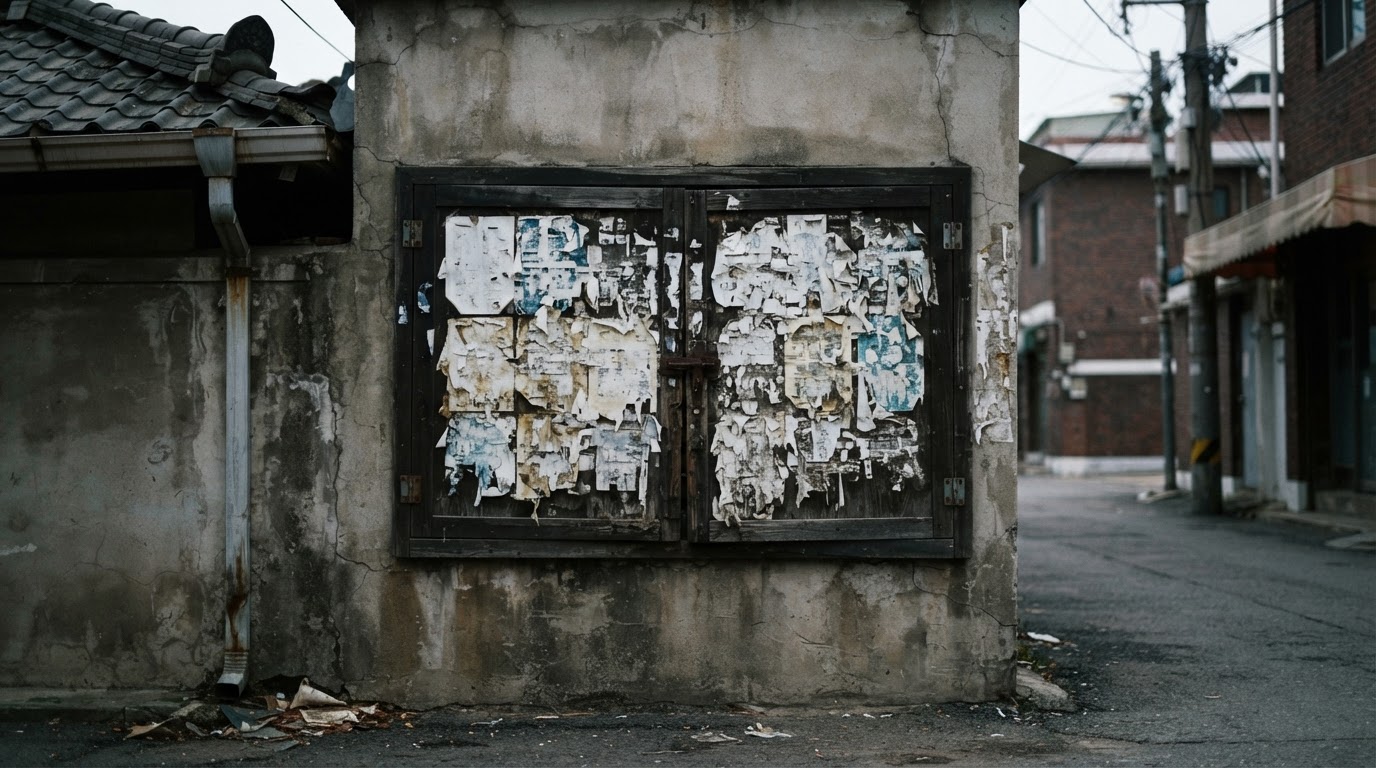 An old, weathered notice board with its lettering worn away, faded papers layered on a wall (no readable text, AI-generated image)