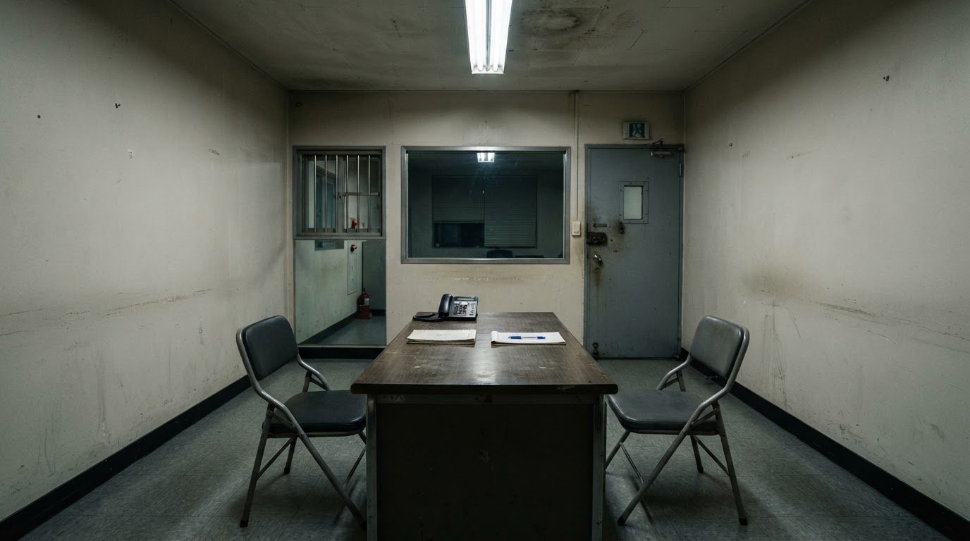 An empty police interview room, a worn desk with two facing chairs under a cold overhead light (AI-generated image)