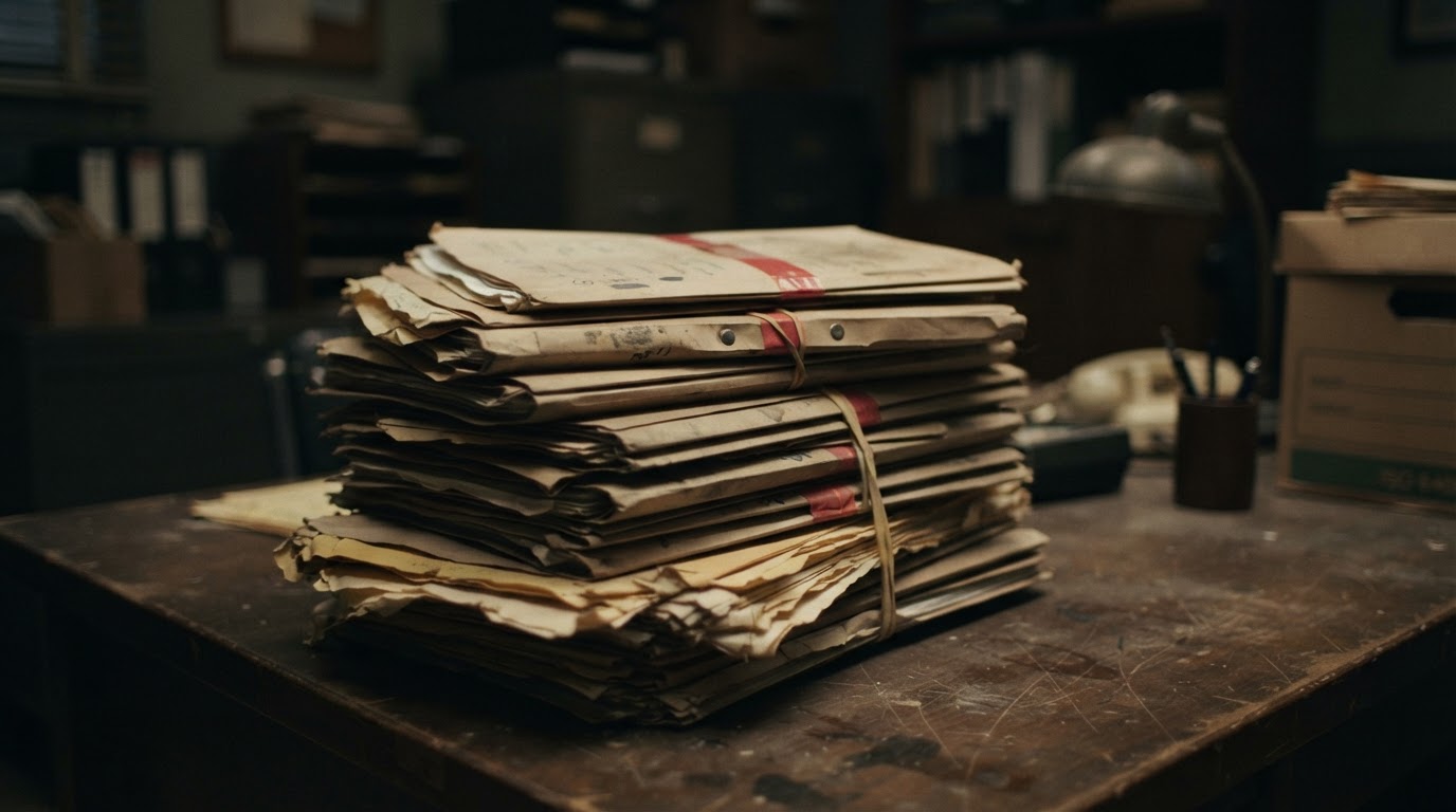 A stack of old case-file documents on a desk, letters deliberately blurred and illegible (no readable text, AI-generated image)