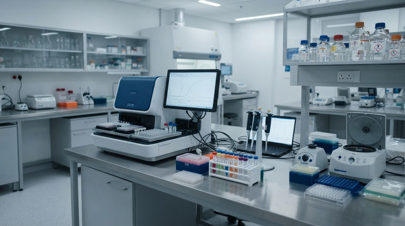 A forensic DNA analysis laboratory in the style of a national institute, precise instruments under cool light (AI-generated image)