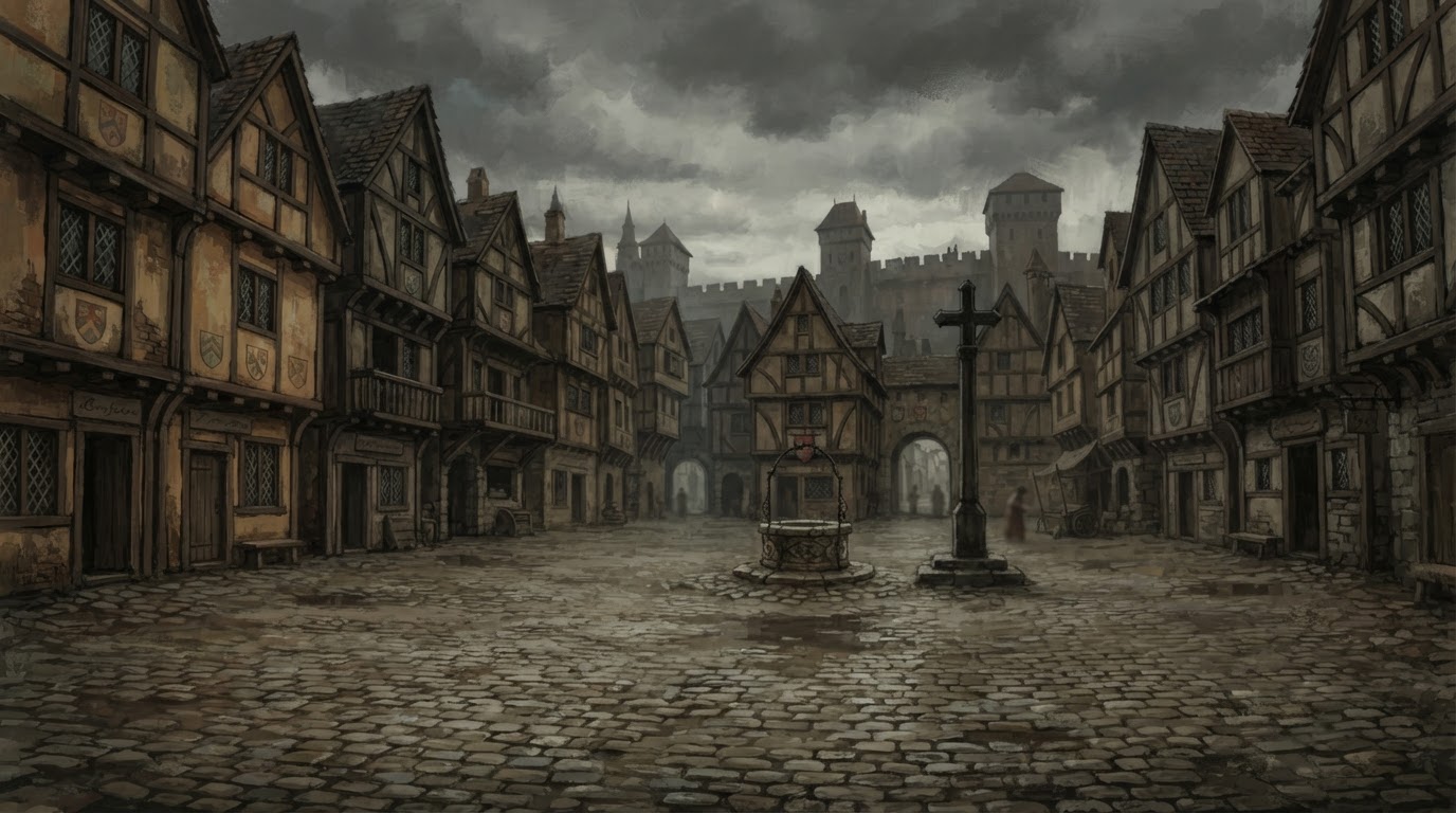 A town square in 16th-century medieval Europe (AI-generated image)