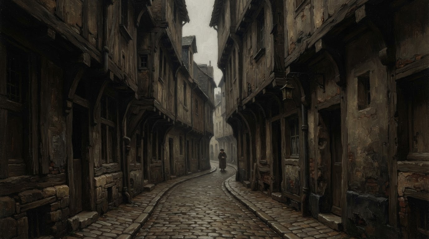 A narrow alley in a medieval European town (AI-generated image)