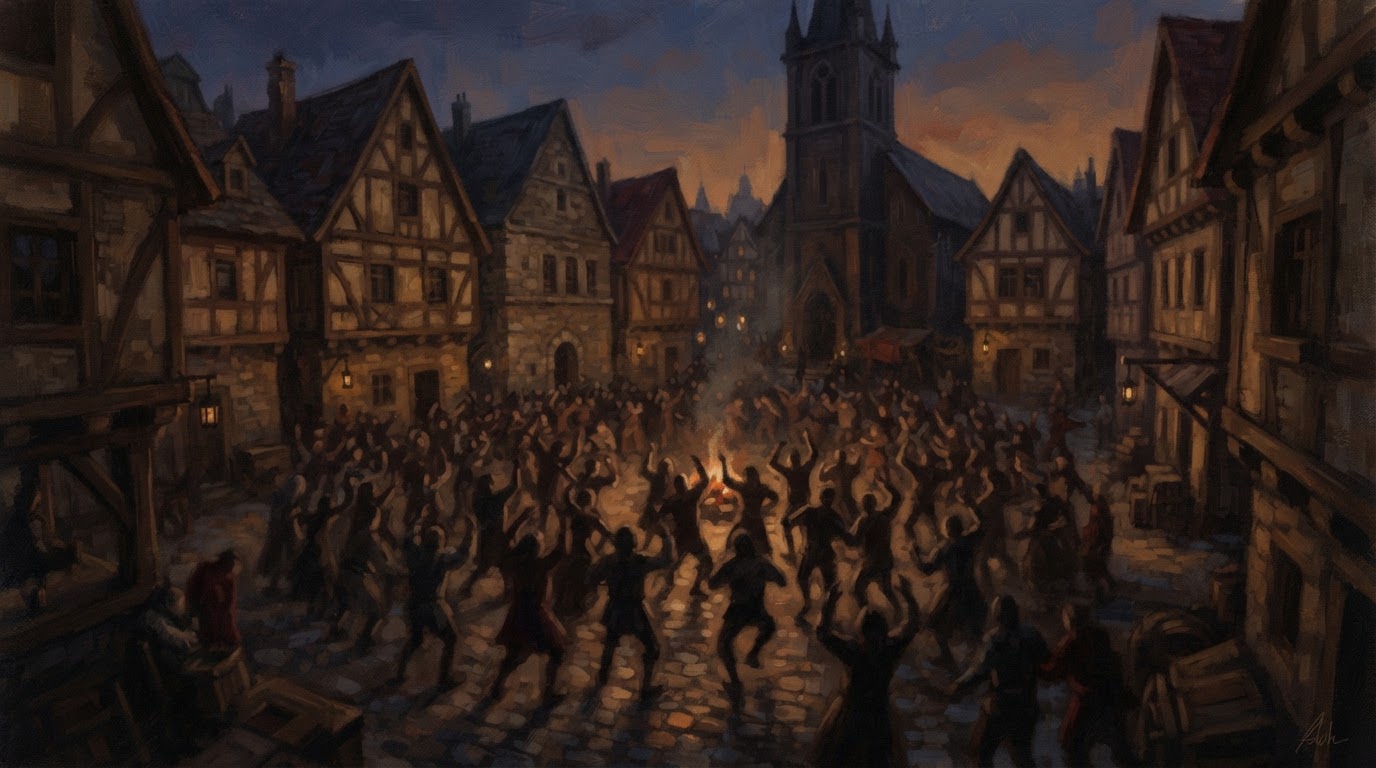 Silhouettes of a crowd gathered dancing in a medieval European town square (AI-generated image)