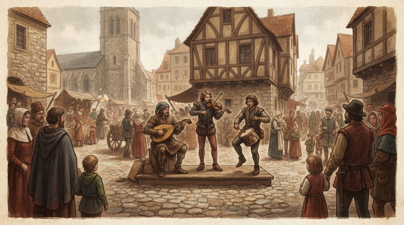Street musicians in medieval Europe (AI-generated image)
