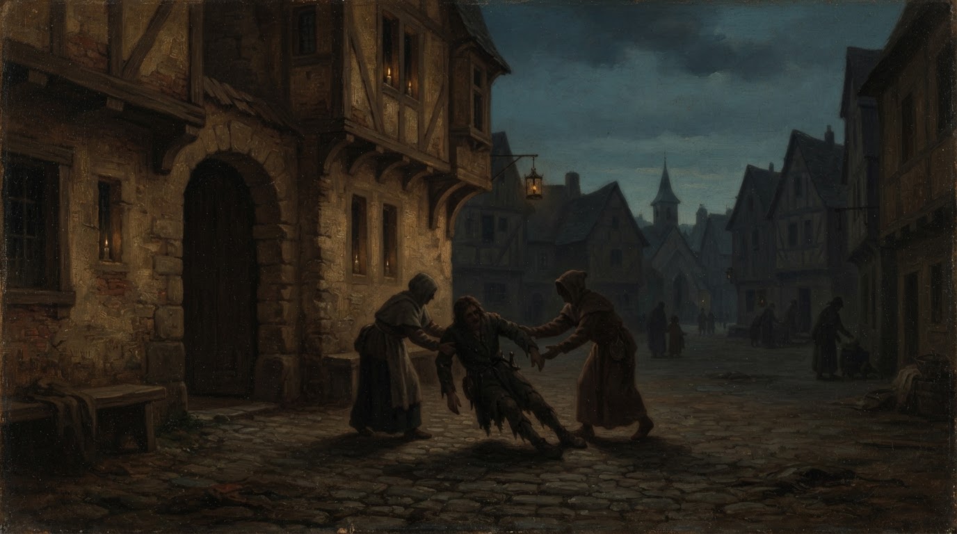 Silhouettes of a collapsed person being held up by others, in a medieval painting style (AI-generated image)