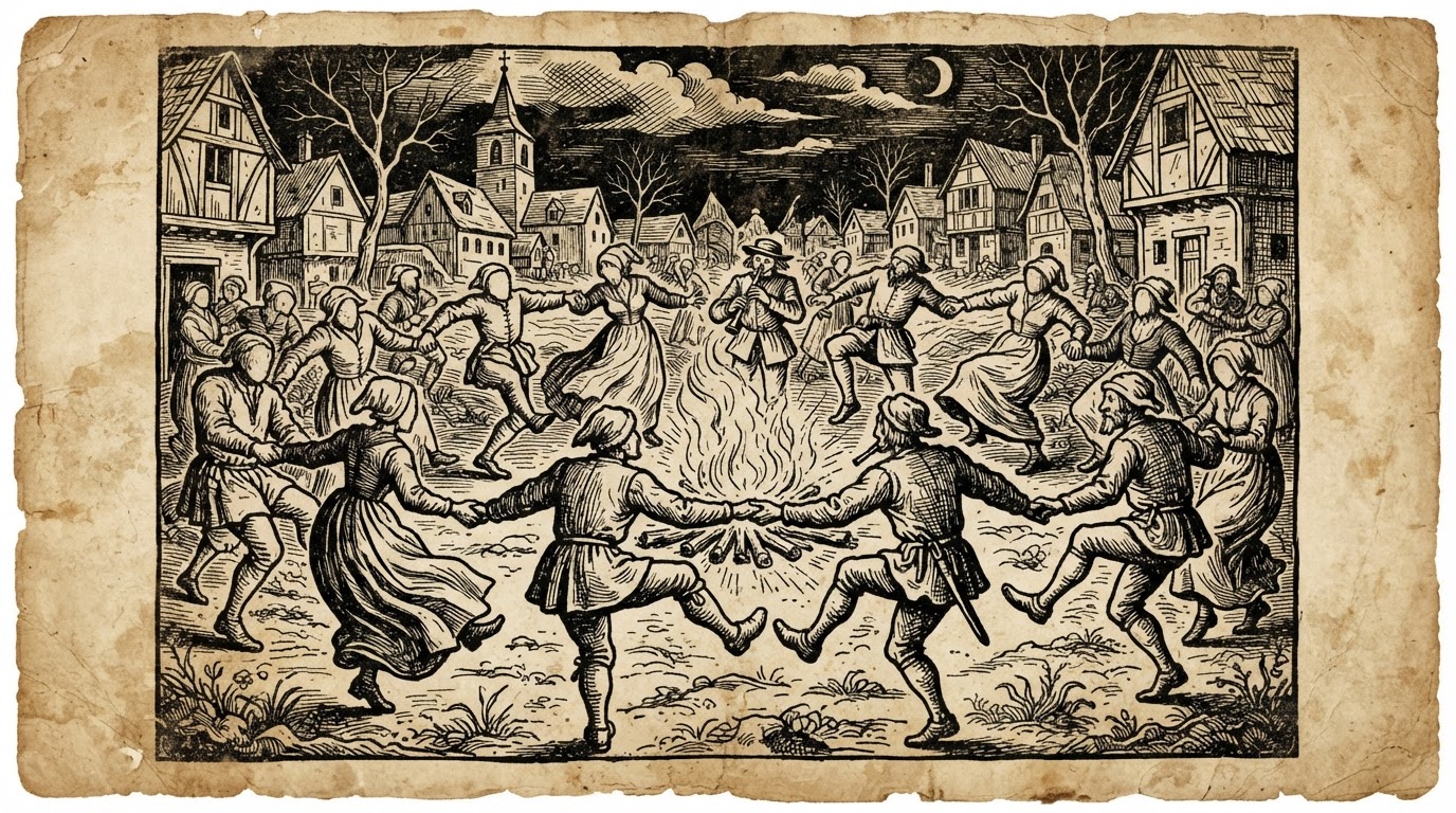 Dancing figures in the style of a 16th-century medieval woodcut (AI-generated image)