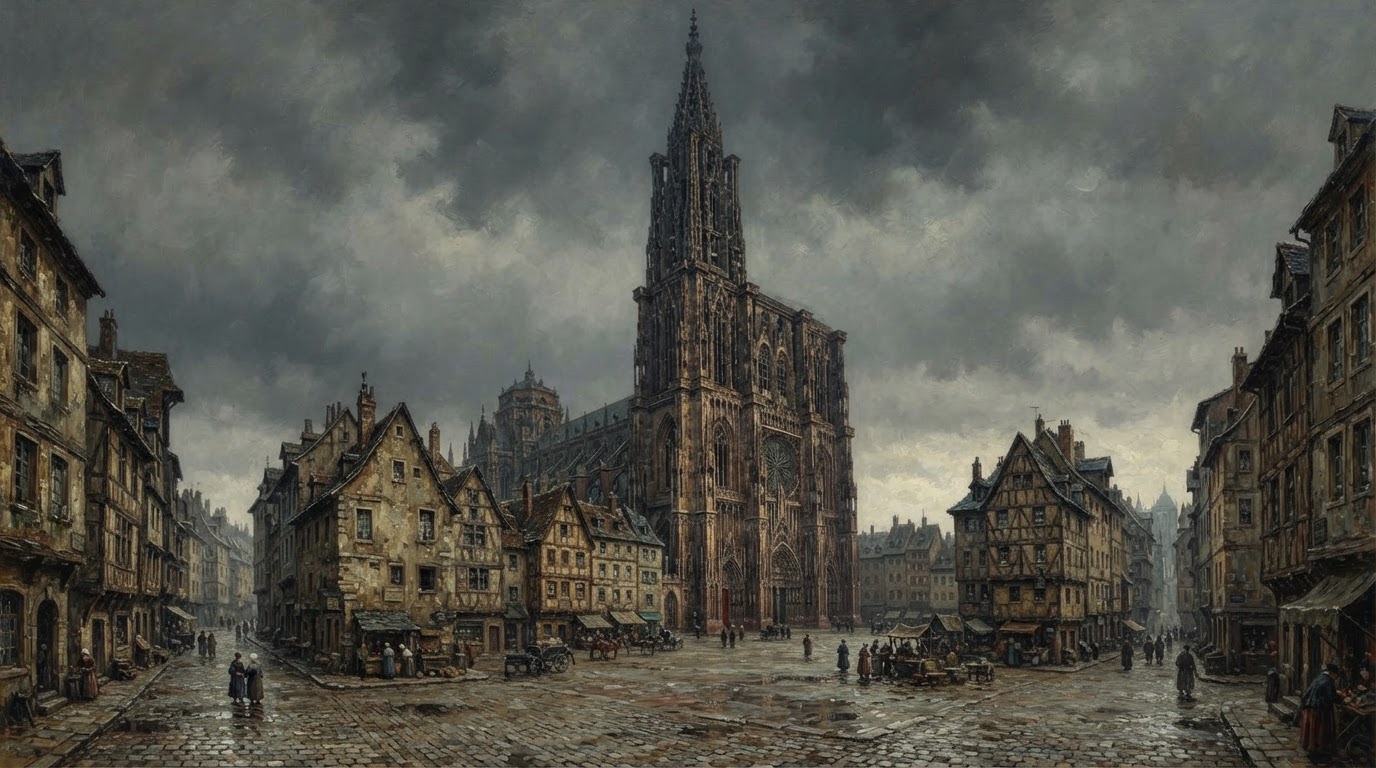 A cathedral and square in medieval Europe (AI-generated image)
