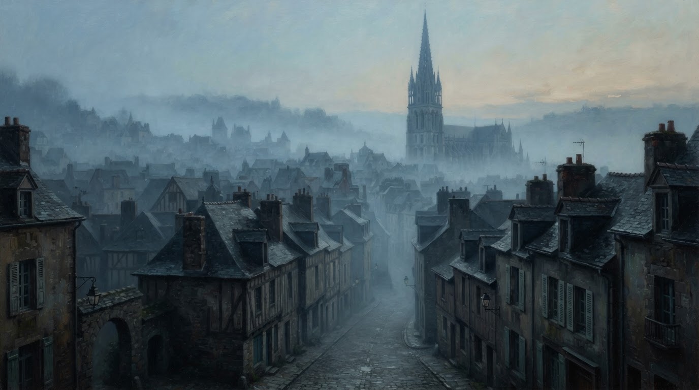 A foggy dawn over a medieval European town (AI-generated image)
