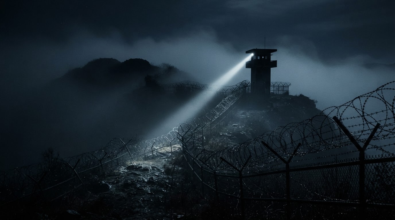 夜裡的DMZ — 在濃霧籠罩的稜線之上,探照燈劃開了黑暗。