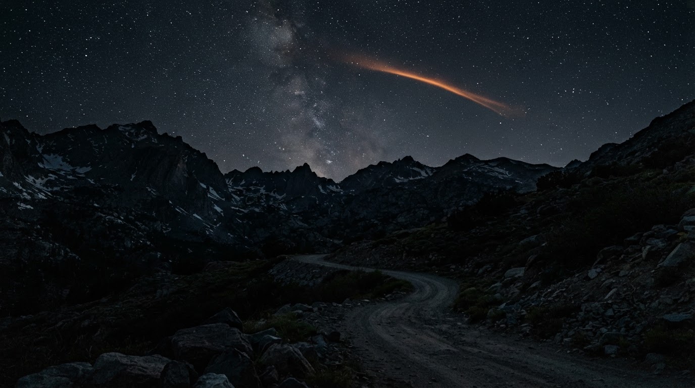 山の峠の上の冷たい夜空、大気の高みにかすかに光る排気の柱、星々、人はいない(AI生成画像)
