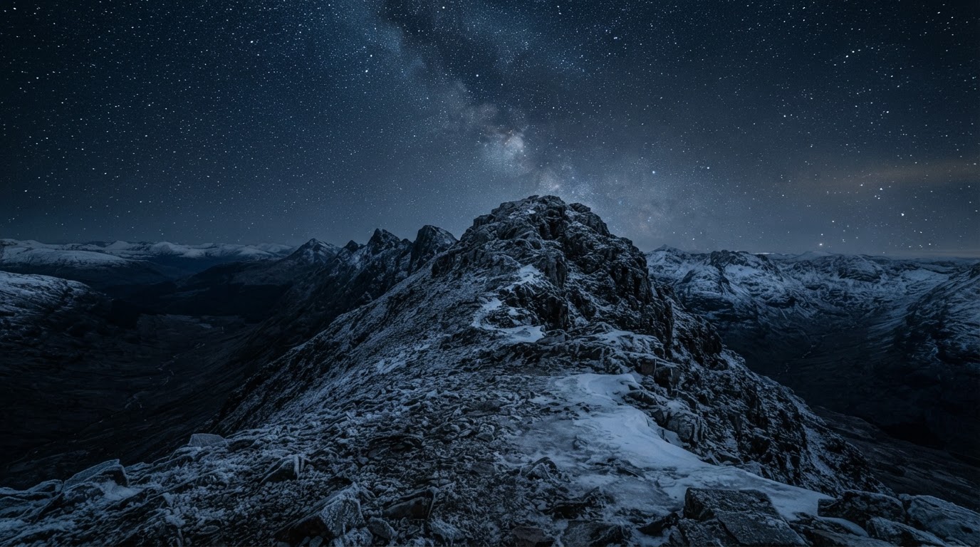 広大な星の原の下、風に削られた山頂、深い寒さ、ただただうつろ(AI生成画像)