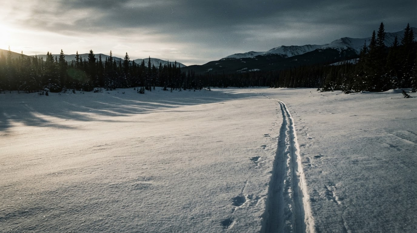 深い雪を横切り、遠くの樹林へ向かって伸びる古いスキーの跡、午後遅い光、人はいない(AI生成画像)