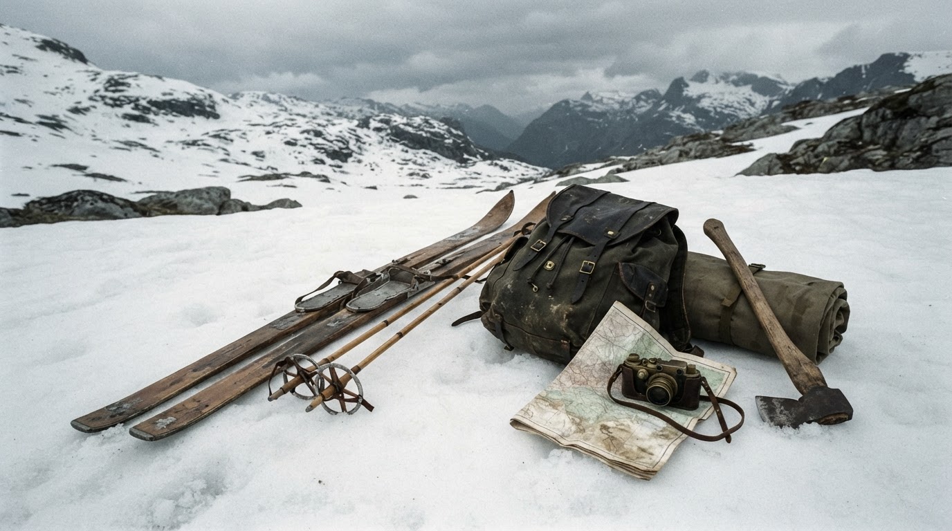 雪の上に置かれた1950年代の遠征装備の静物——木製スキー、帆布のザック、たたまれた地図、古いフィルムカメラ、無銘(AI生成画像)