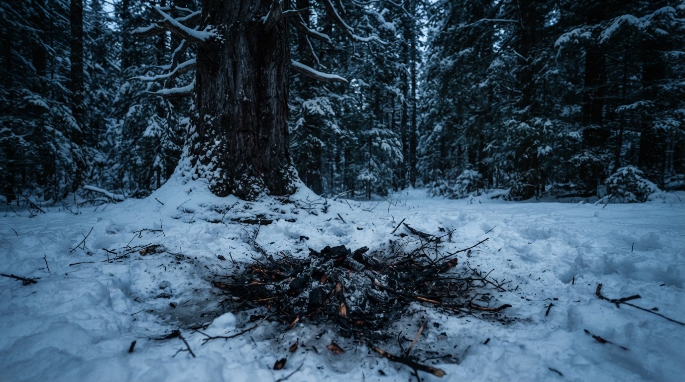 森の縁の大きな杉の根元、深い雪の中に残る小さな焚き火の跡、青い冬の薄明かり、人はいない(AI生成画像)