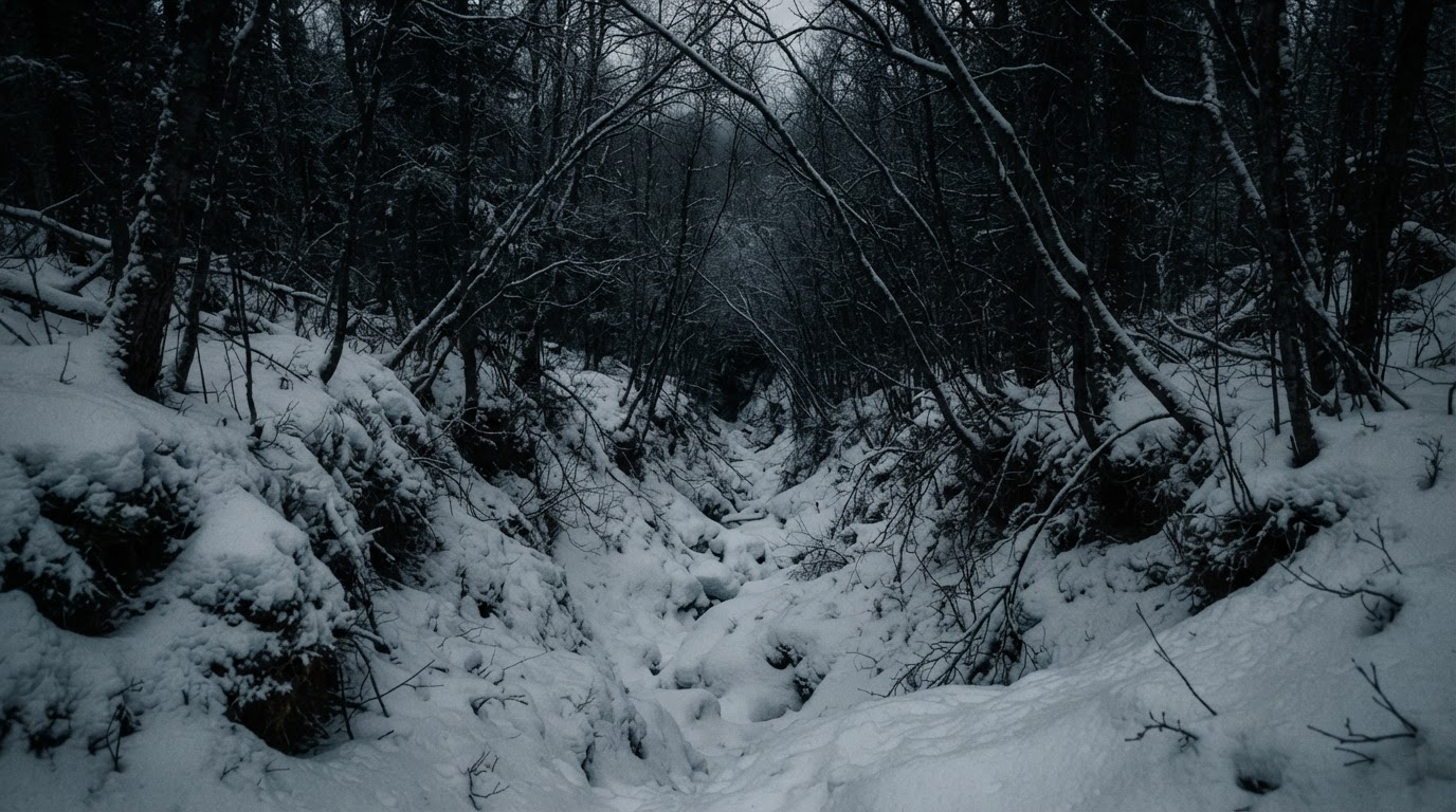 深い冬、雪に満たされた急な森の峡谷、暗い木々が吹き溜まった雪の上に傾いている、人はいない(AI生成画像)