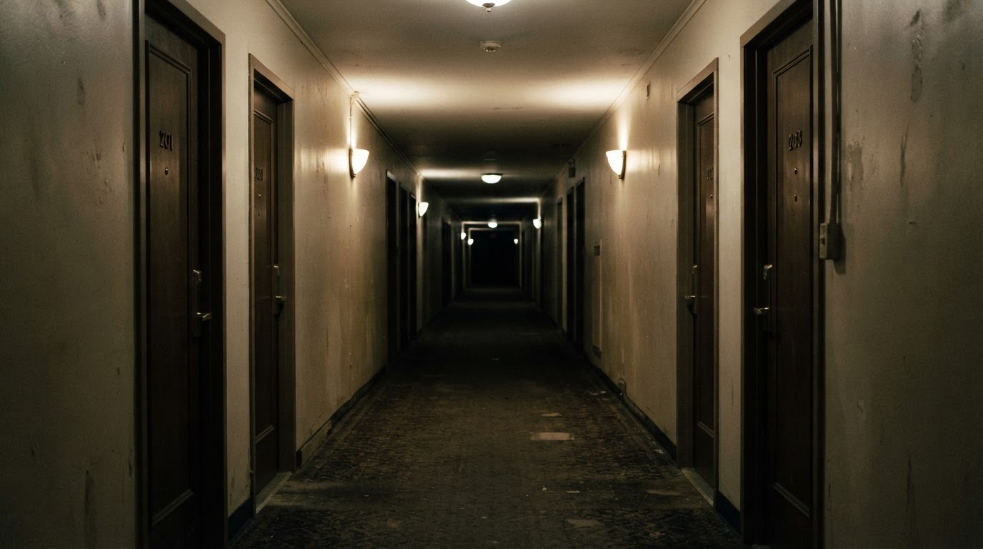 同じ形の閉じた扉が長く並び、遠近の中へ後退していくマンションの廊下、薄暗い夜の照明(AI生成画像)