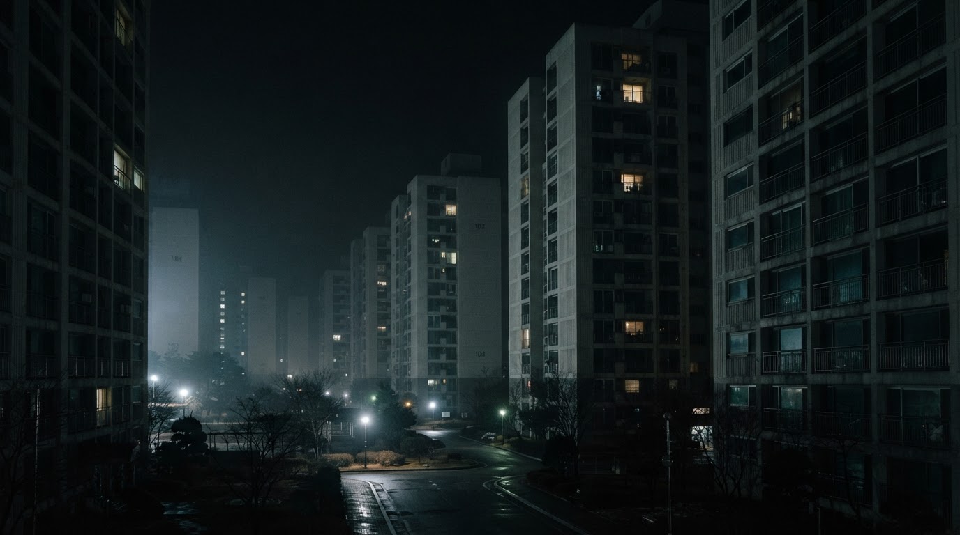 夜の韓国のマンション団地の外観、黒い空を背に同じ形の高い棟がそびえ、明かりのついた窓はわずかしかない(AI生成画像)