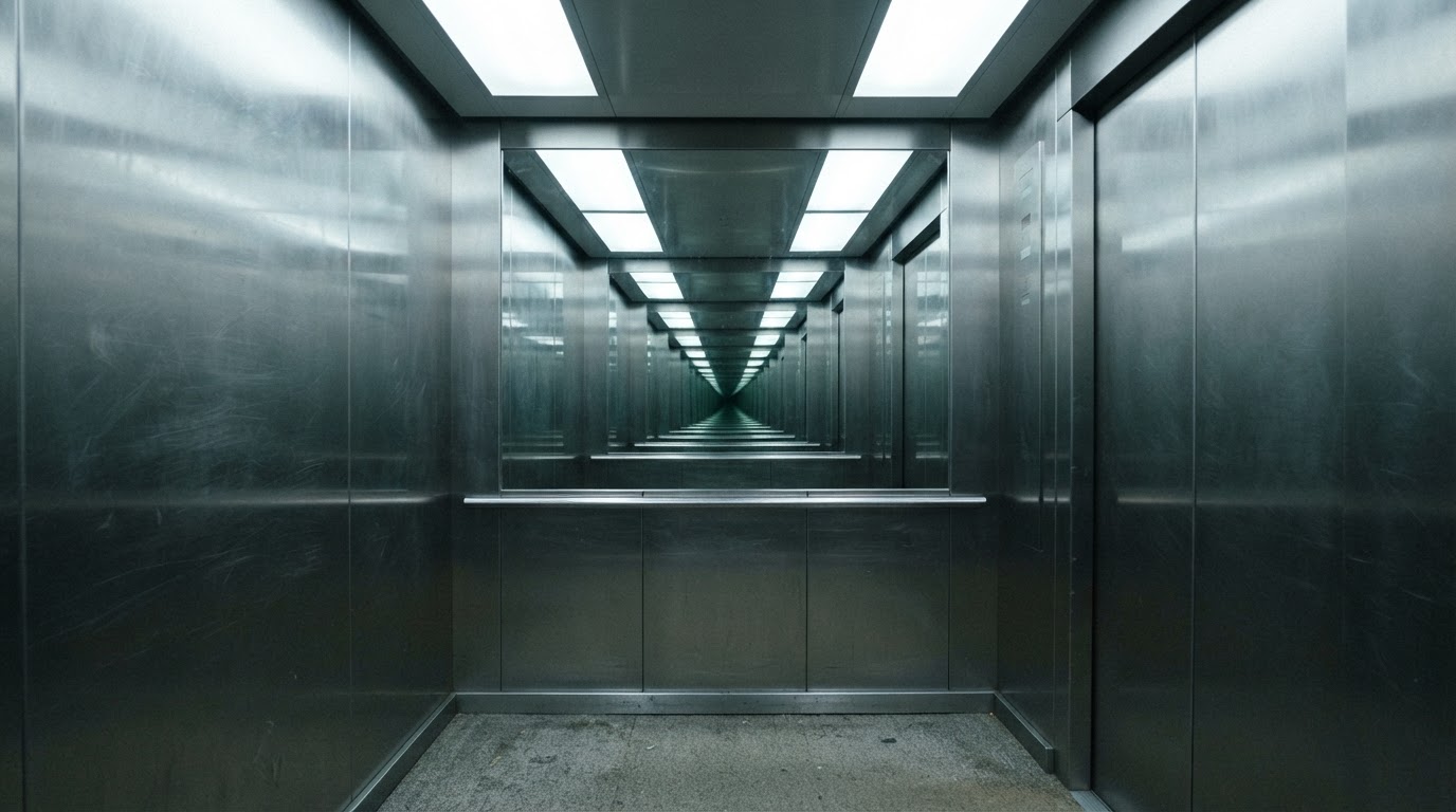 エレベーターの鏡が空っぽの箱を映し、その反射が小さく明るい部屋を光の廊下へと引き延ばす(AI生成画像)