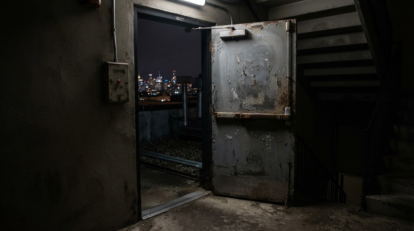 夜、わずかに開いたまま佇む屋上へと通じる重い金属の扉、その隙間から街の暗い光が漏れてくる——誰も越えるべきではなかった境界。