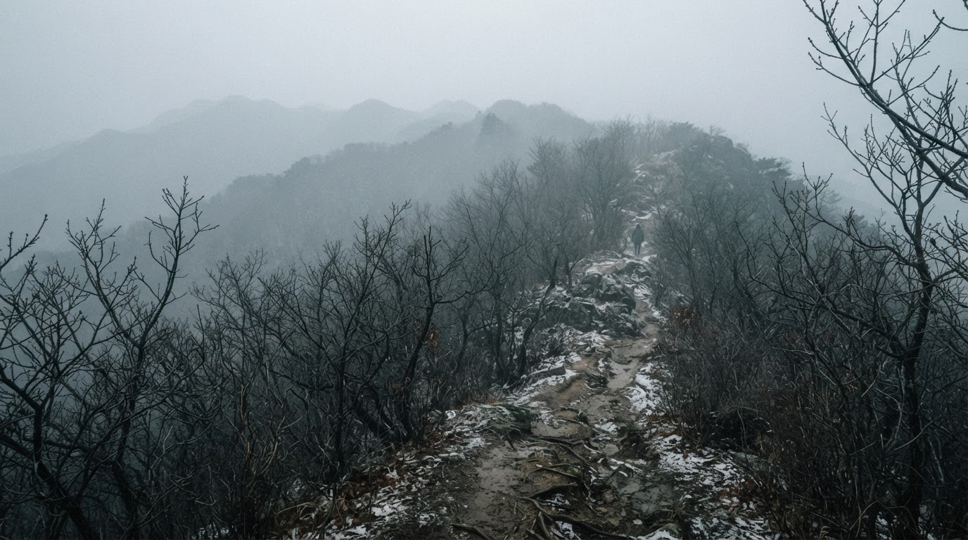 안개가 낀 대구 와룡산의 겨울 산자락 (AI 생성 이미지)